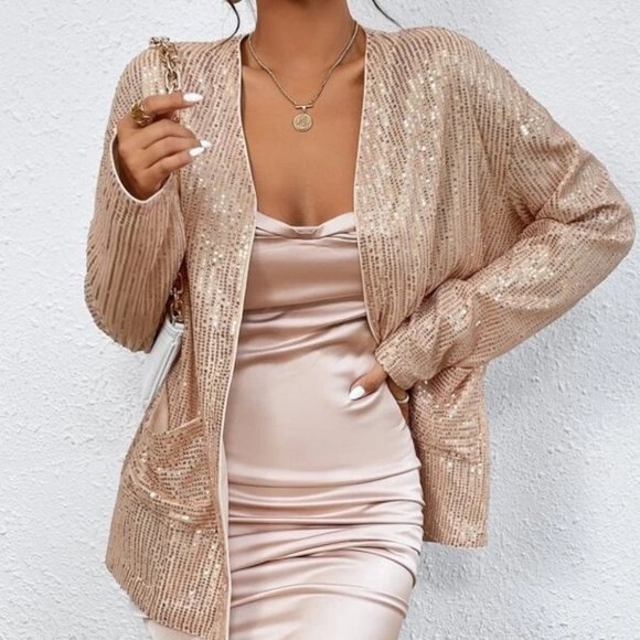 . Jackets & Blazers - Sequinned Open Front Jacket Coat Blazer champagne